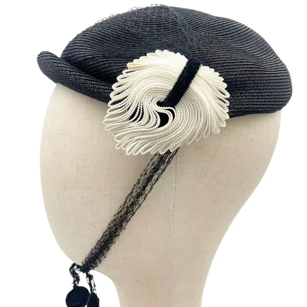 Vintage 50s Tilt Hat Black & Cream Straw Close Style Fascinator Black Mesh Veil - Picture 9 of 16